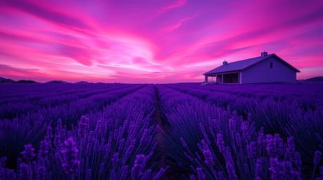 Capture the essence of lavender fields bathed in the ethereal glow of a dreamy pink sky, rendered in striking architectural d