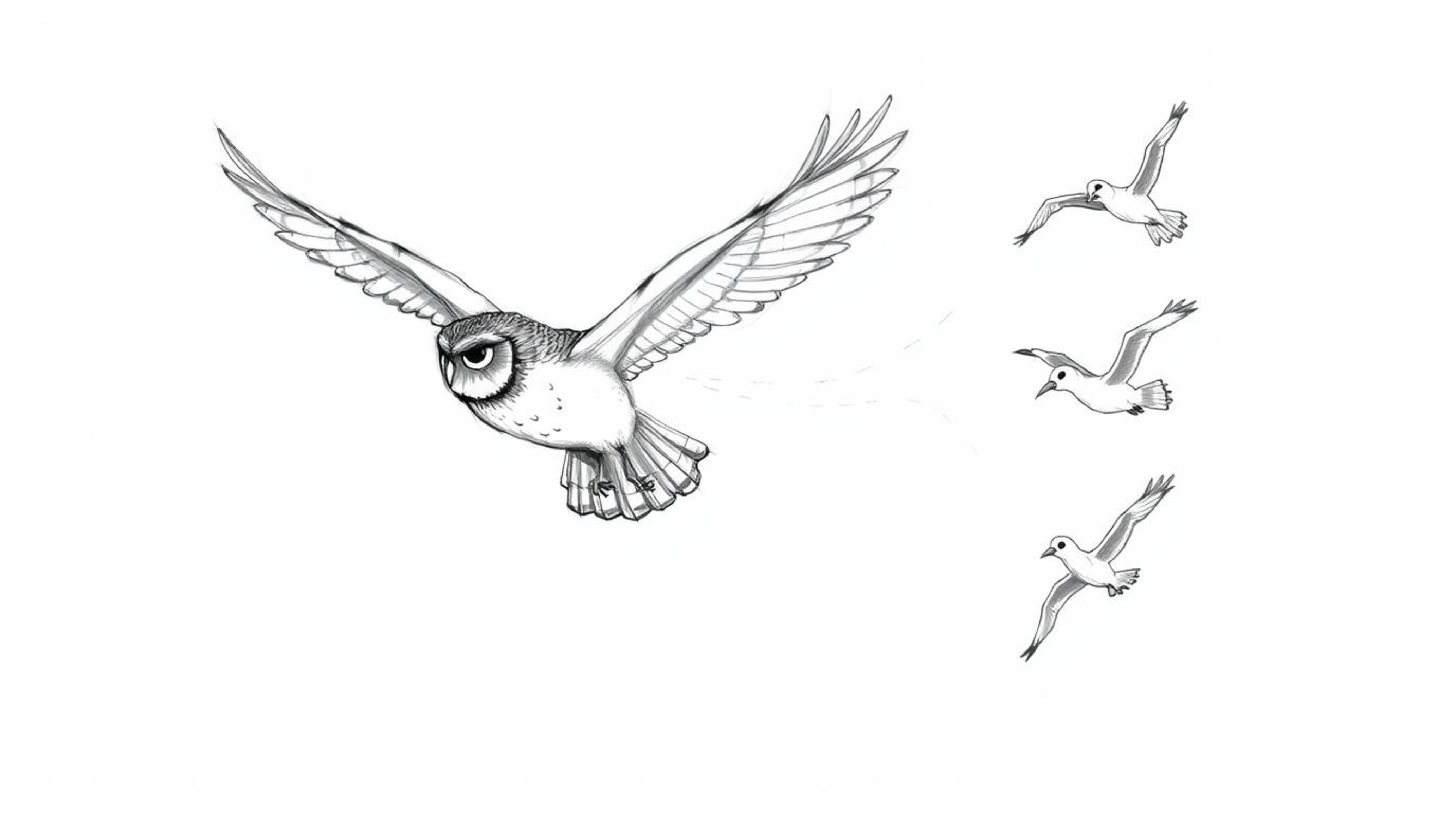 A heartwarming Pixar-esque sketch depicts a blind owl in mid-flight, guiding several birds as they learn to fly. The scene is