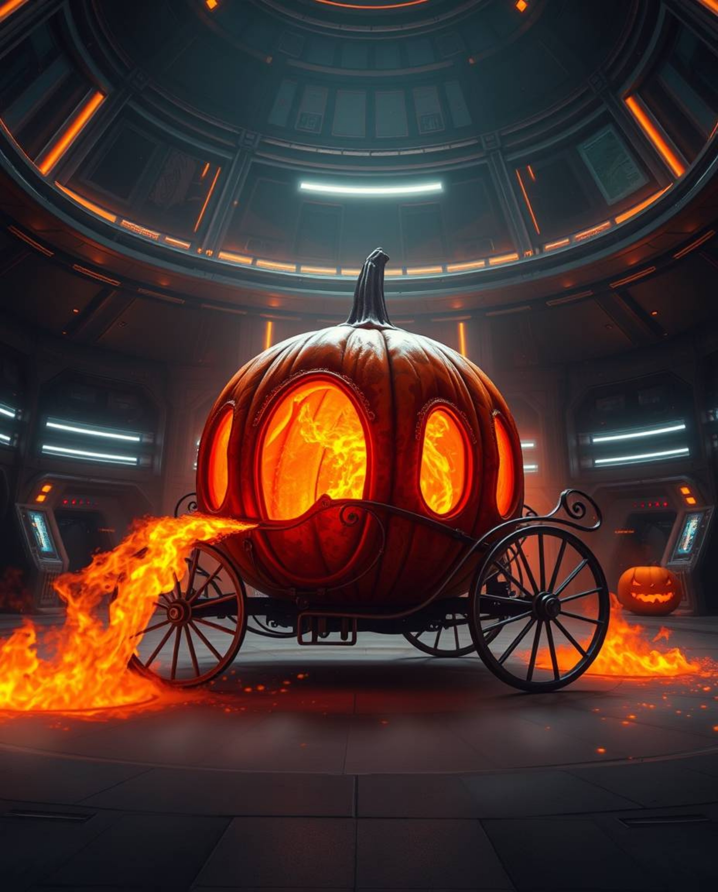 An epic scene unfolds, showcasing a magical pumpkin undergoing a stunning transformation into a carriage within a modern, fut