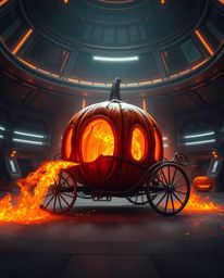 An epic scene unfolds, showcasing a magical pumpkin undergoing a stunning transformation into a carriage within a modern, fut