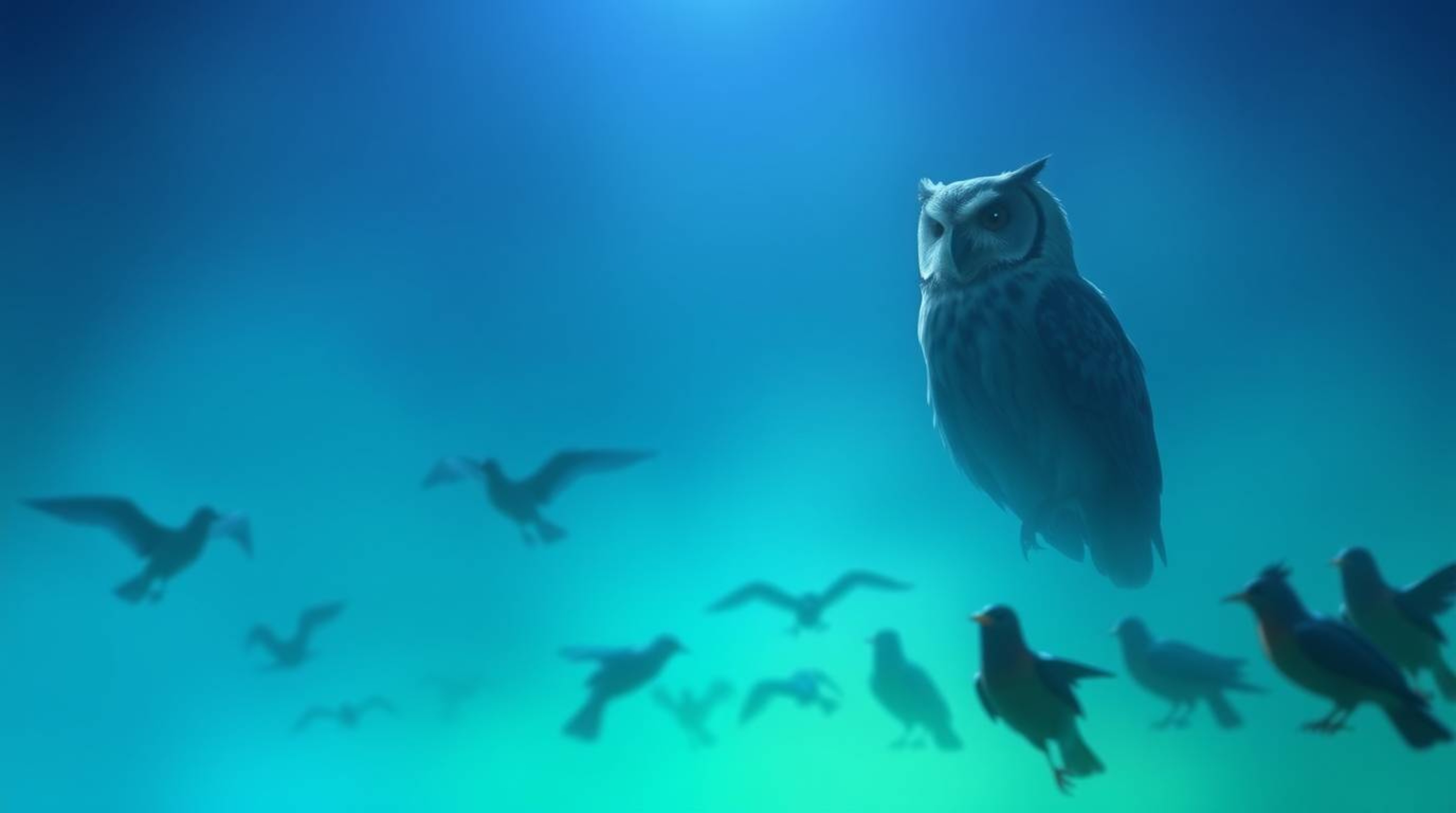 This photographic image captures a profound ethereal mood, featuring a blind owl rendered in a beautiful Pixar animation styl