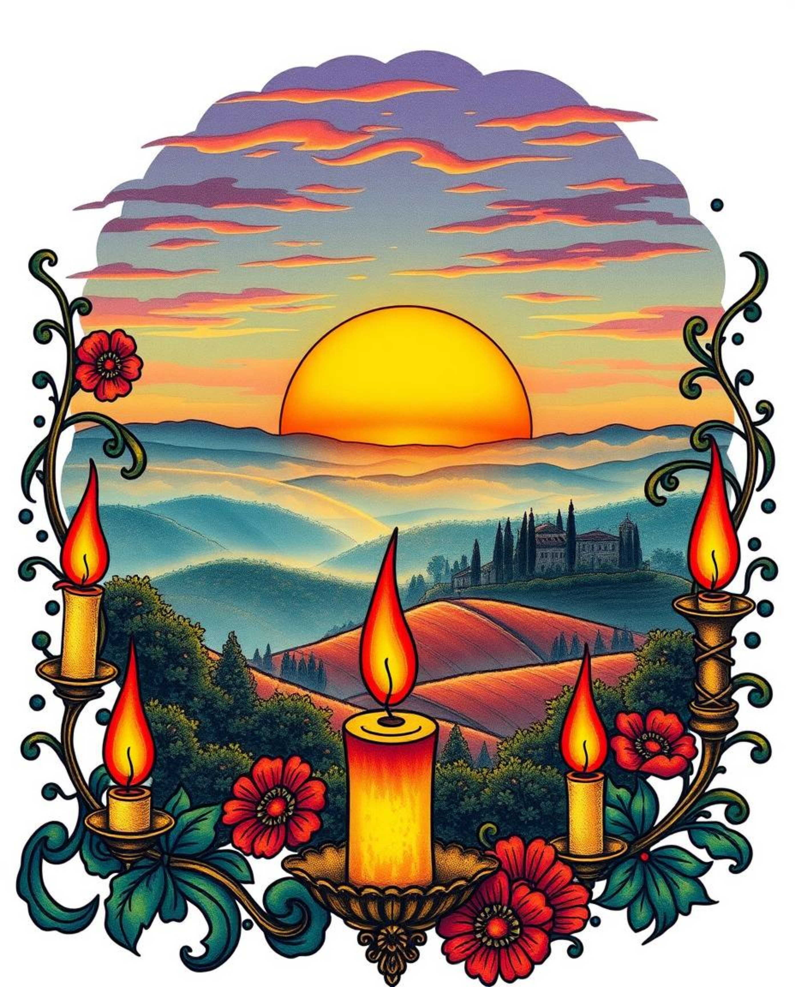 This is a traditional tattoo art print depicting a sunset over the misty, rolling hills of Tuscany, set against a clean white