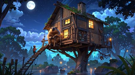 In a beautifully imagined scene blending the emotive quality of Pixar with the visual richness of anime, a gentle beaver gath