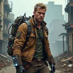 A determined time-traveling explorer navigates a desolate, post-apocalyptic urban landscape filled with crumbling skyscrapers