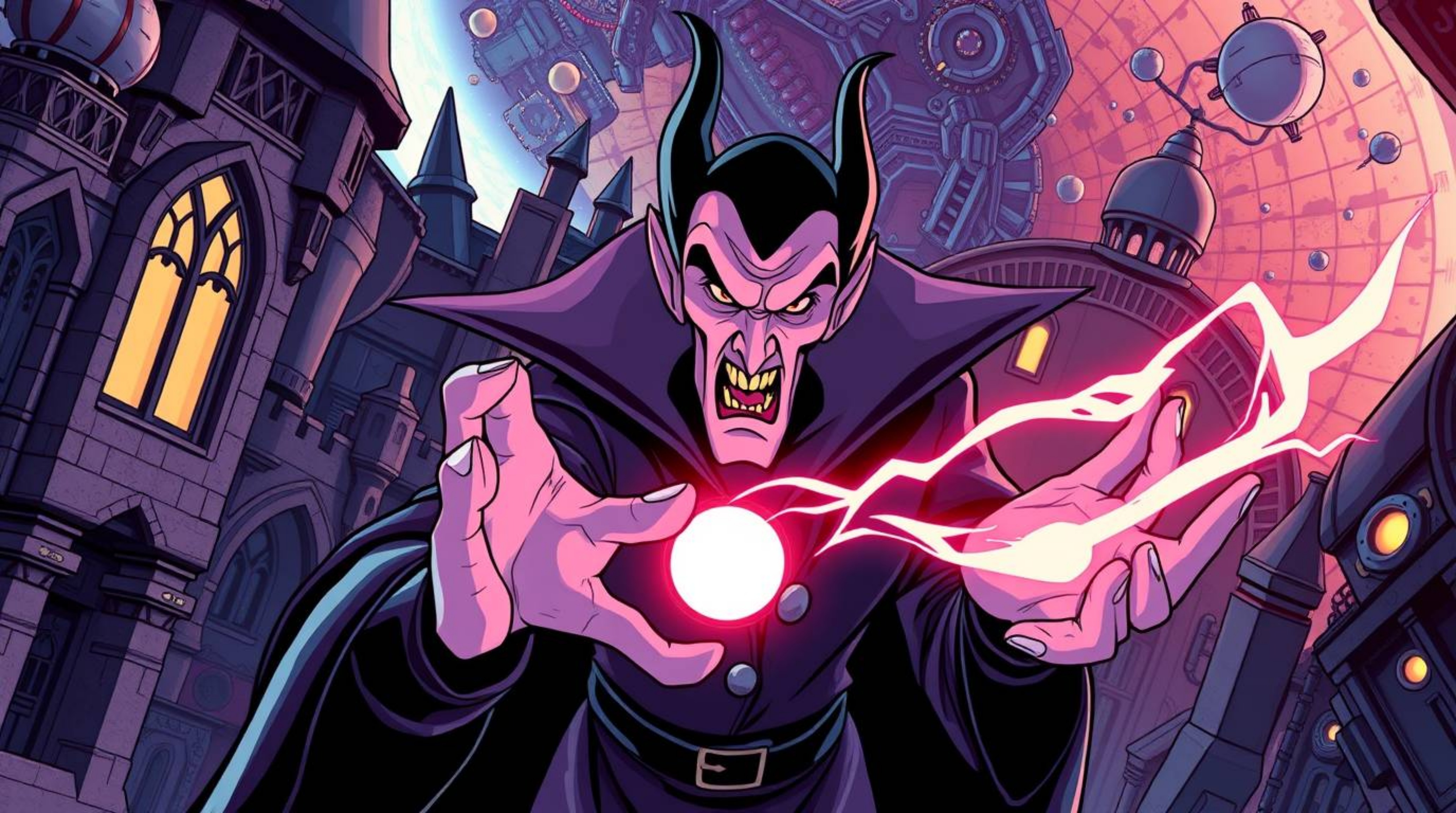 A high-angle perspective, futuristic sci-fi illustration depicting a classic Disney villain with sharp features casting a spe