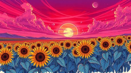 A vibrant, hand-drawn sketch in a color sketchnote style showcases a grand, epic scene of a sunflower field bathed under a de