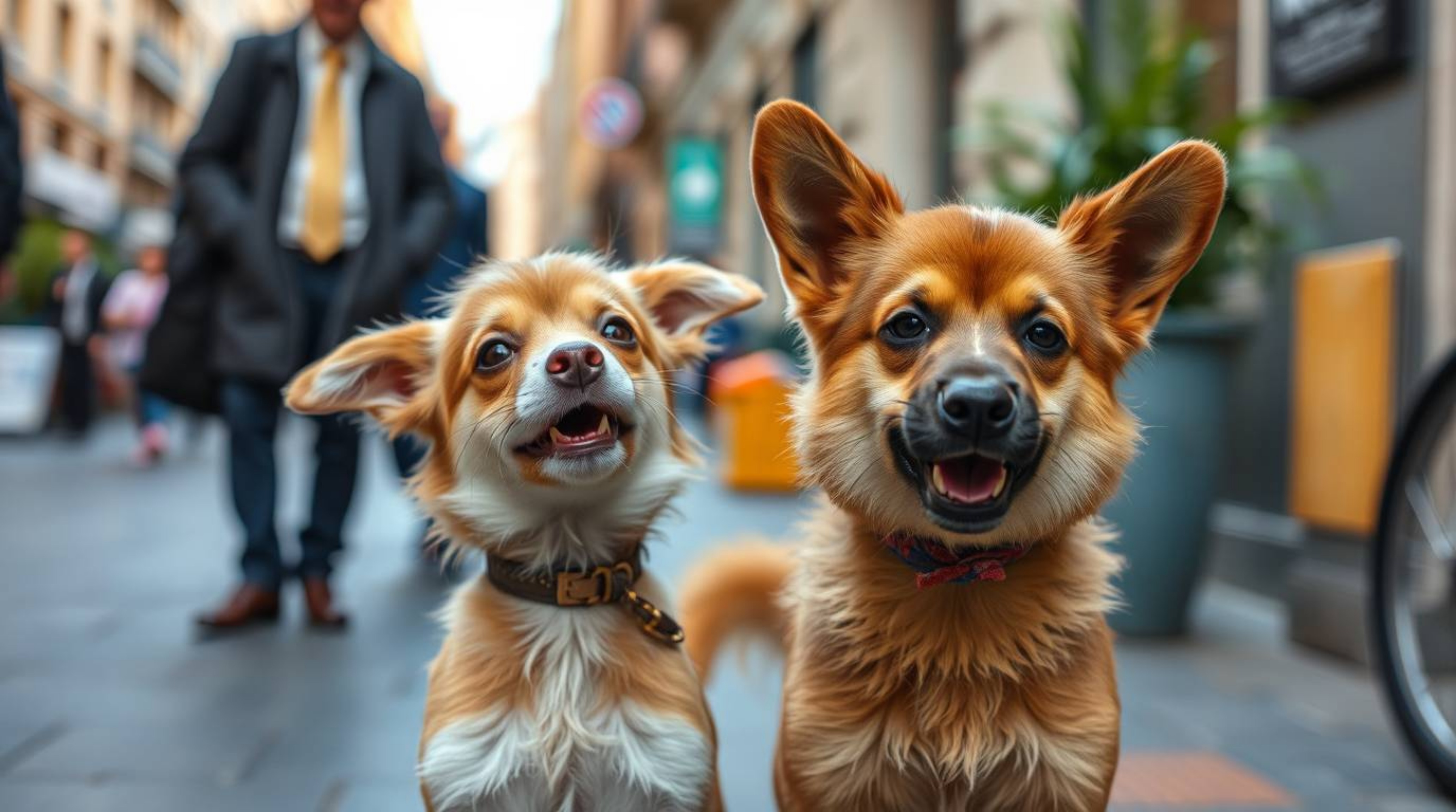 A captivating candid street photograph captures two charming talking animals causing delightful mischief in an urban setting.