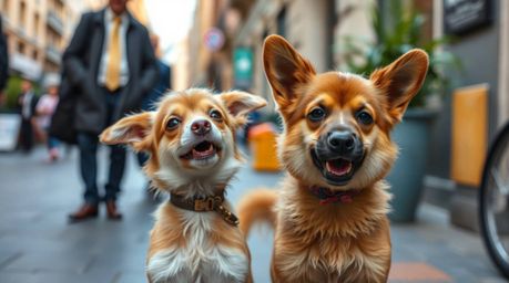 A captivating candid street photograph captures two charming talking animals causing delightful mischief in an urban setting.