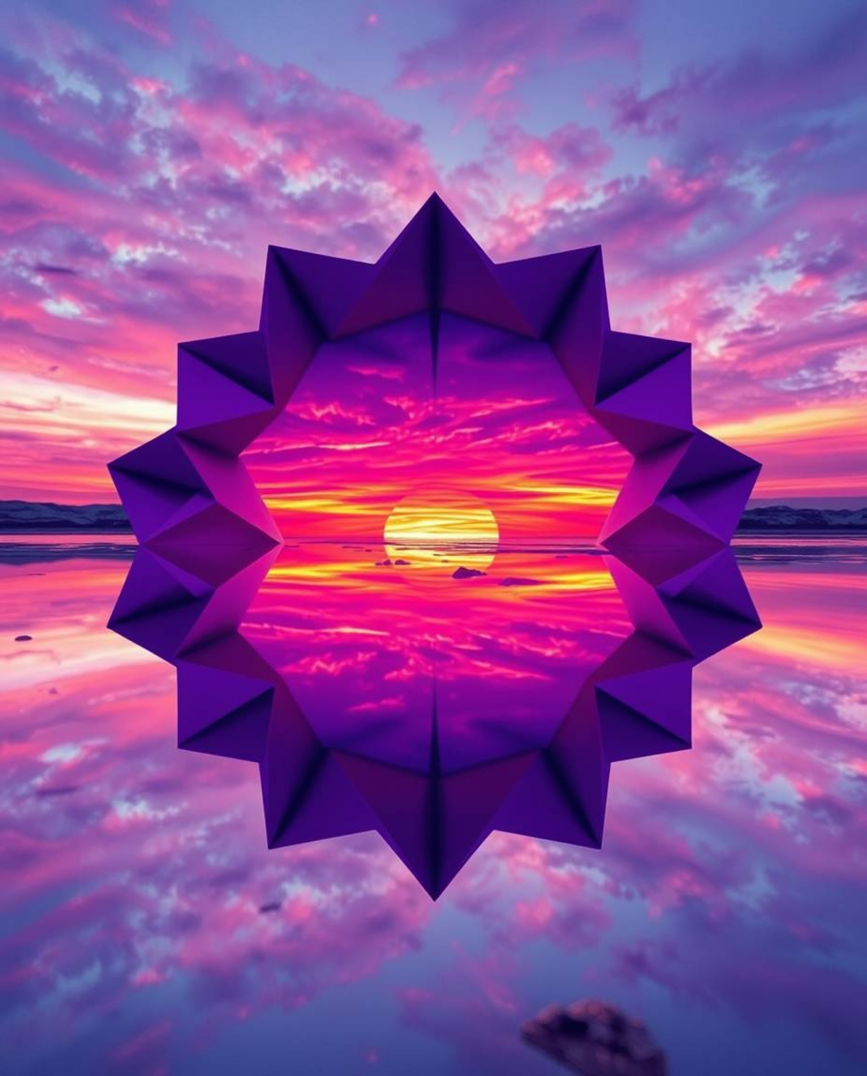An intricate origami-style image depicts a sunset sky mirrored in tidal pools on a beach. This unique artwork is characterize