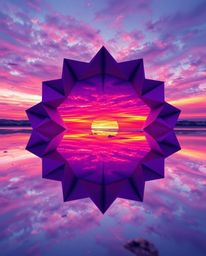 An intricate origami-style image depicts a sunset sky mirrored in tidal pools on a beach. This unique artwork is characterize