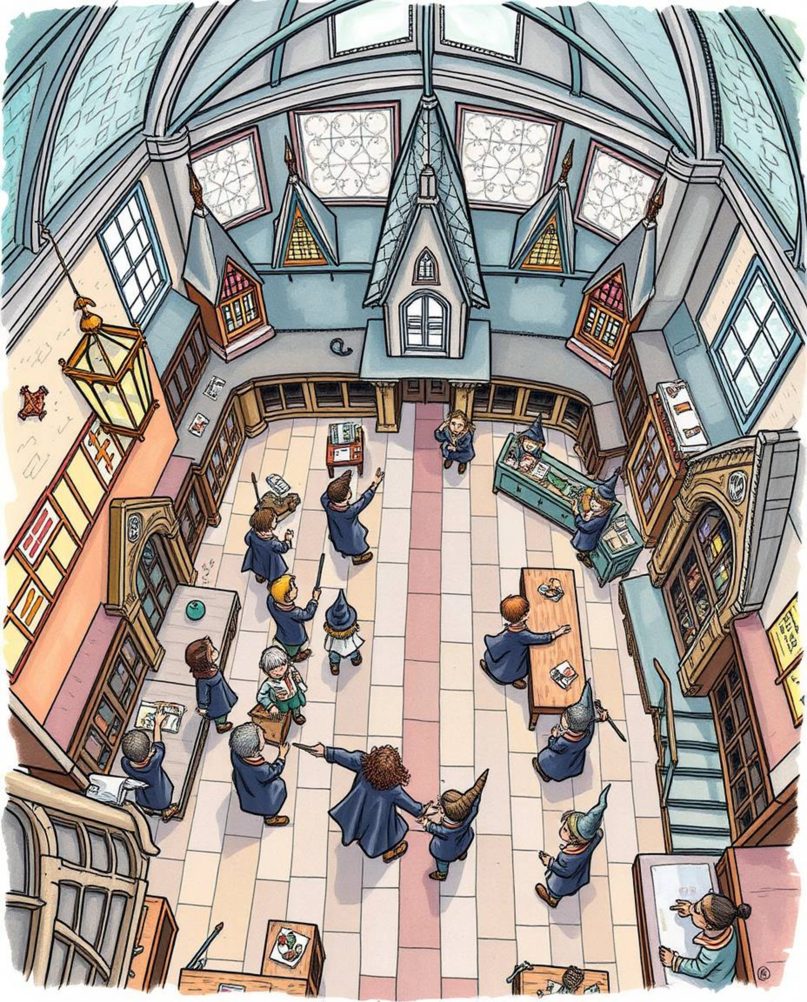 Explore a magical school teeming with young wizards, rendered in a charming, hand-drawn color sketchnote style from a captiva