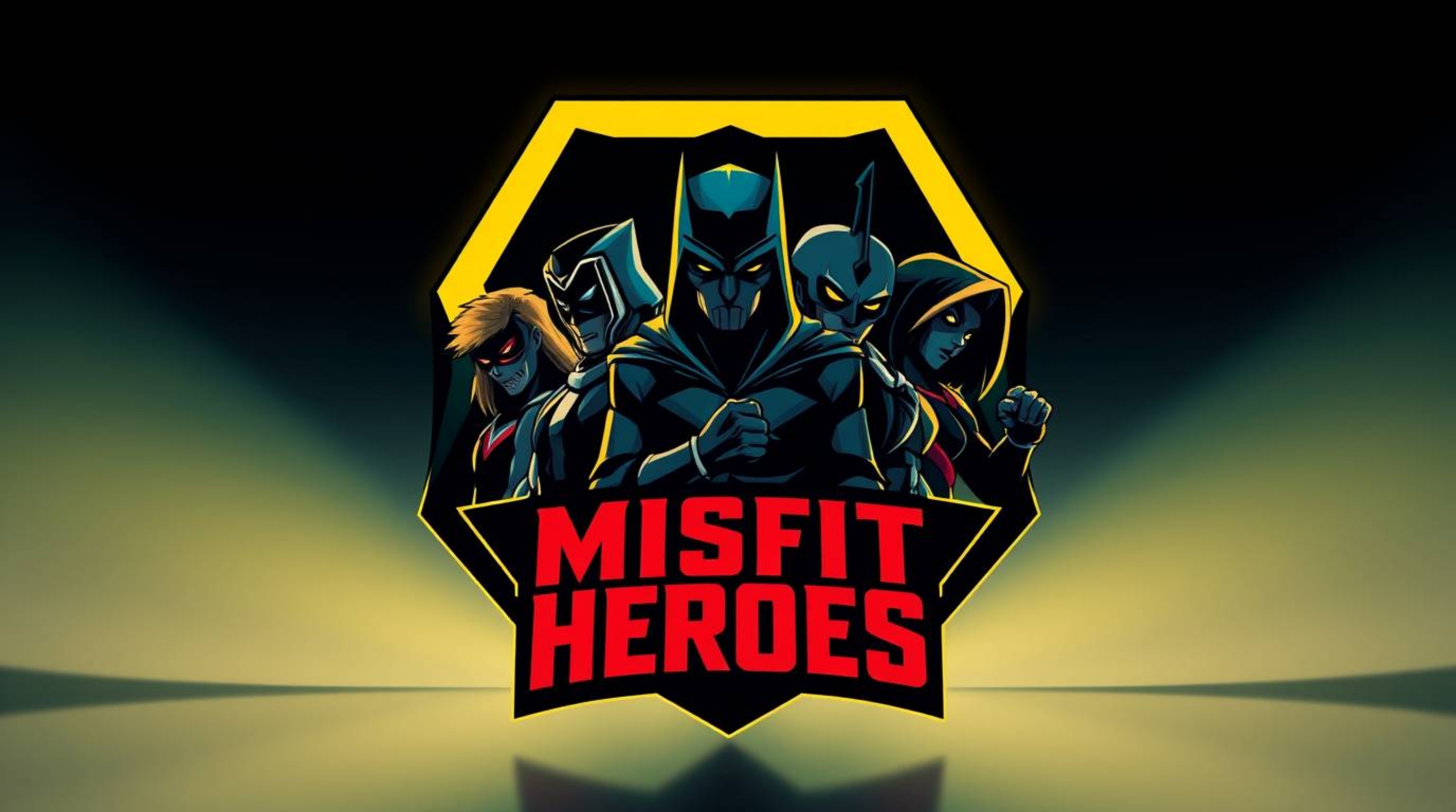 A dynamic and visually striking logo design featuring a team of misfit heroes represented in geometric shapes and clean lines