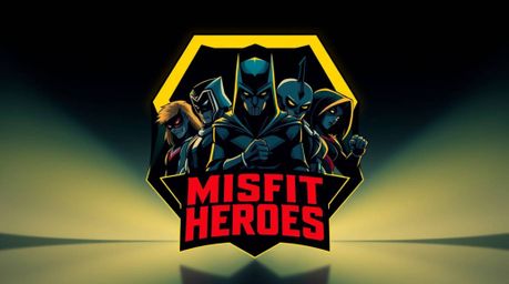 A dynamic and visually striking logo design featuring a team of misfit heroes represented in geometric shapes and clean lines