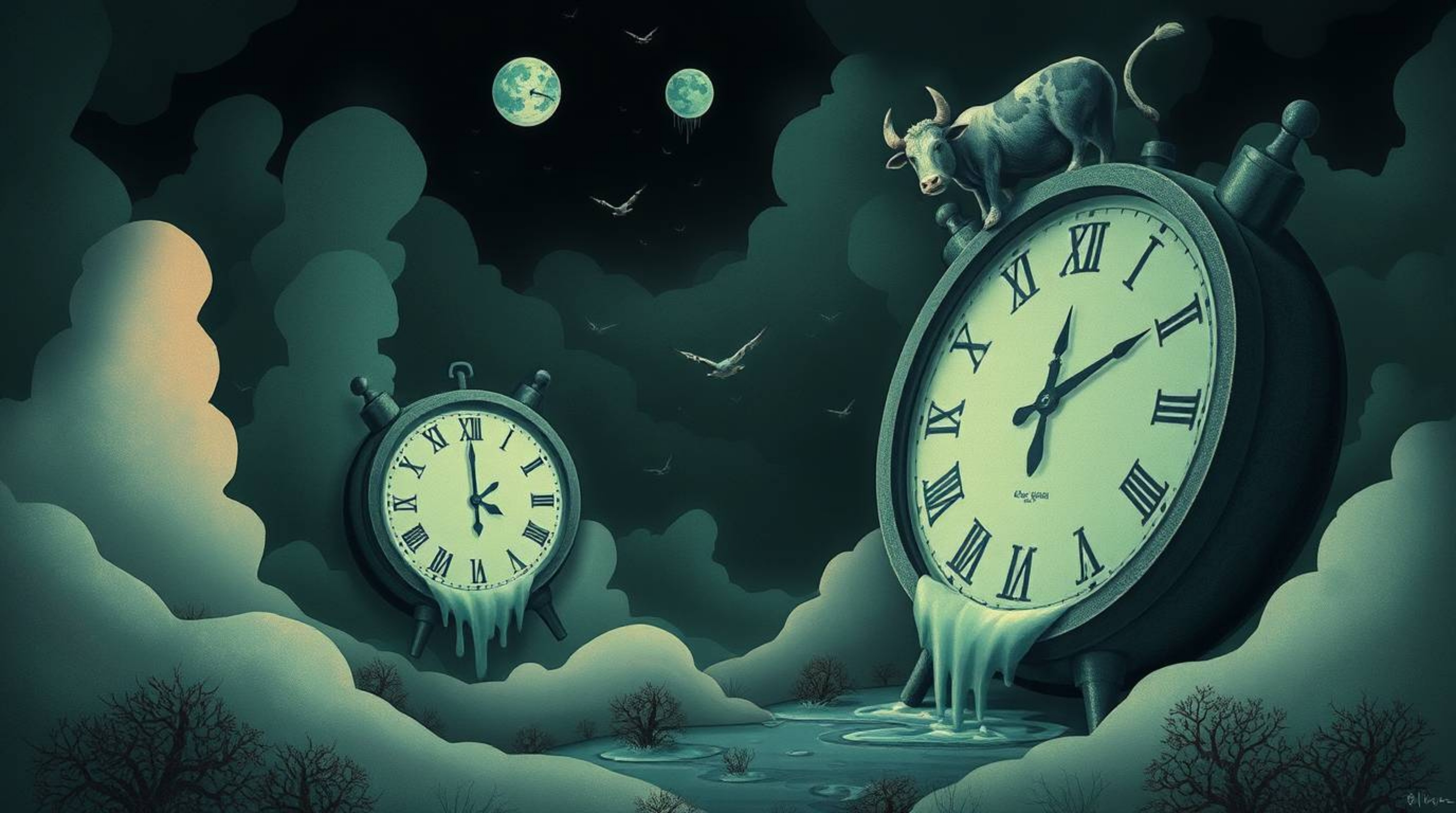 A captivating surreal dreamscape illustration features soft pastel colors juxtaposed with dark tones, creating an eerie yet g