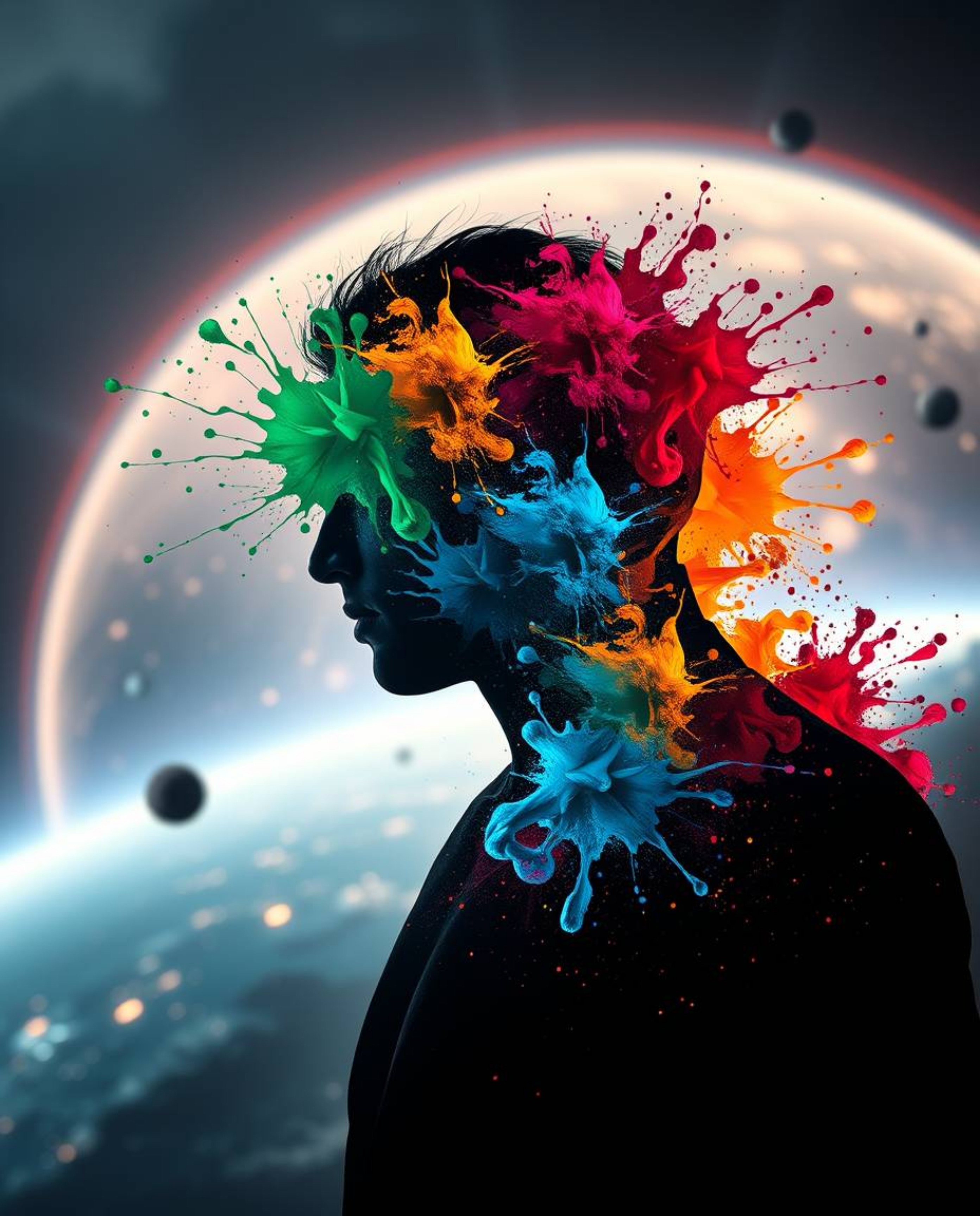 Explore a dramatic cinematic sci-fi scene featuring a human silhouette uniquely formed by vibrant, colorful splash patterns. 