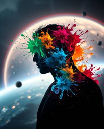 Explore a dramatic cinematic sci-fi scene featuring a human silhouette uniquely formed by vibrant, colorful splash patterns. 