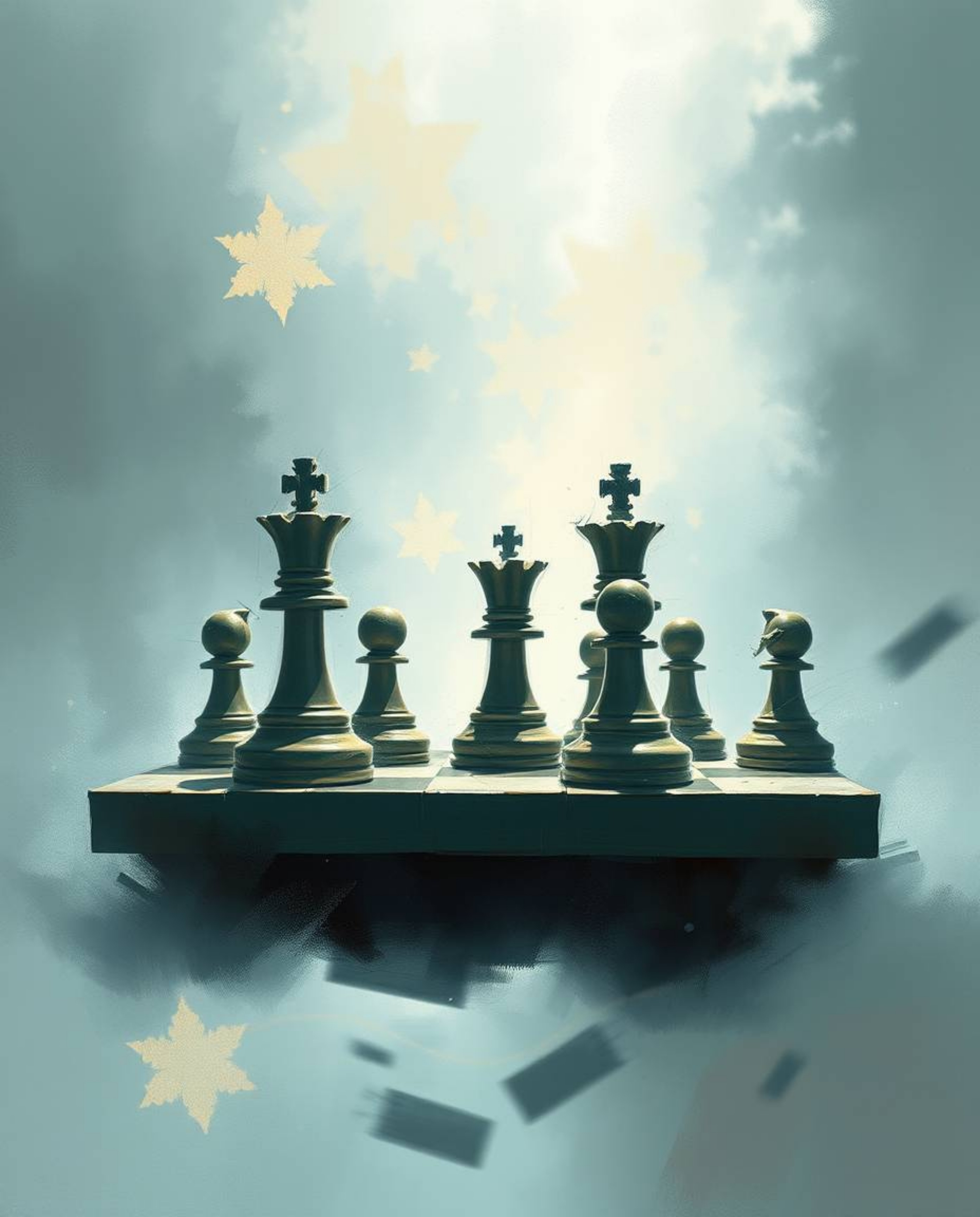 A captivating digital painting depicts a chessboard with pieces suspended mid-air in a moment of frozen destruction.  The art