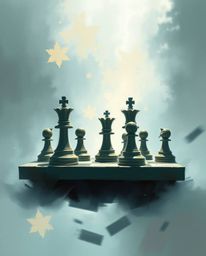 A captivating digital painting depicts a chessboard with pieces suspended mid-air in a moment of frozen destruction.  The art