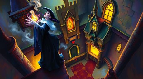 A captivating digital painting showcases a classic Disney villain casting a spell within a brightly lit, ancient castle.  The