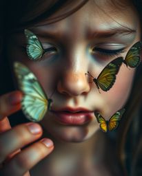 This stunning extreme macro close-up photograph captures a girl with delicate features as she gently releases butterflies int