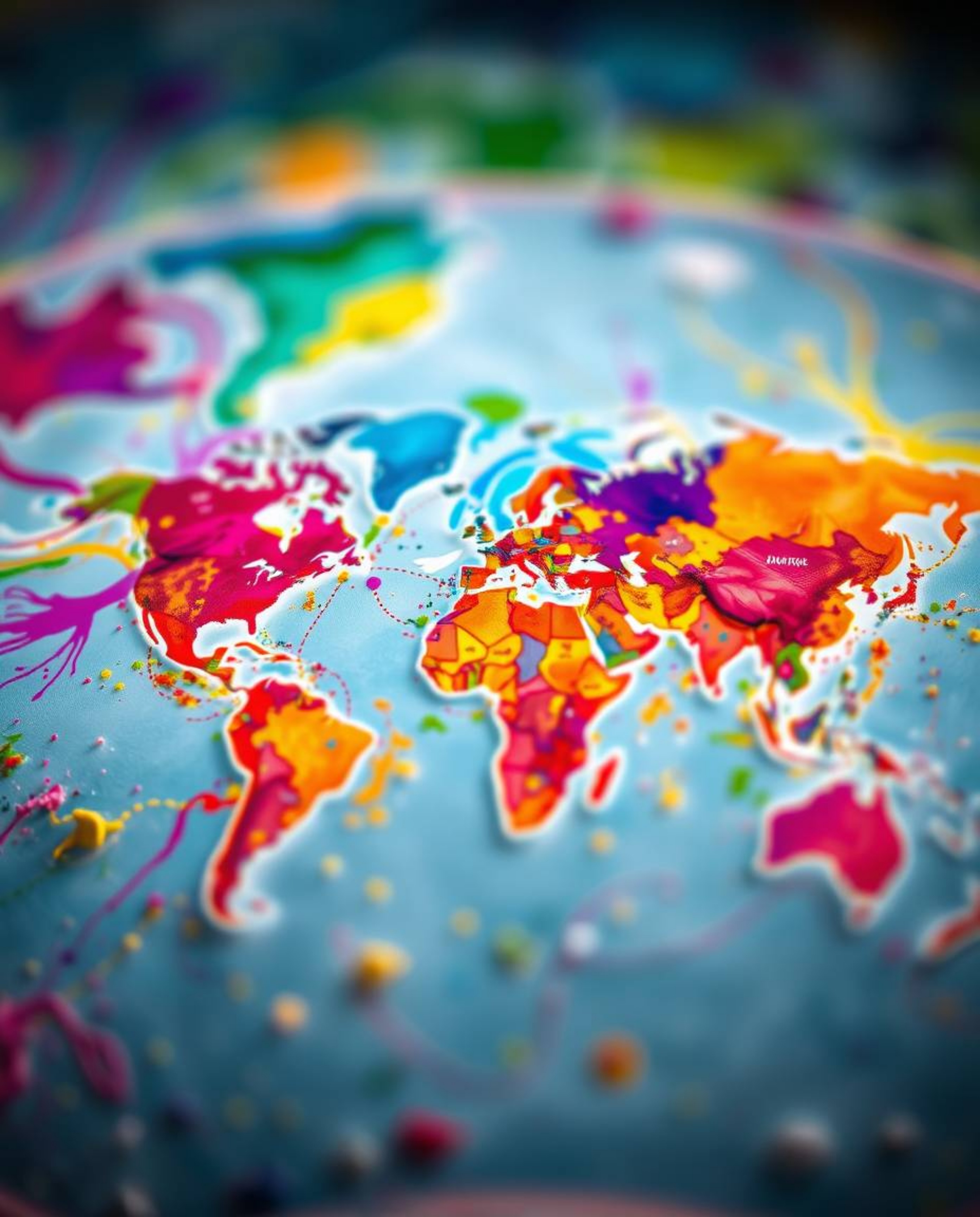 Explore a captivating macro world where a world map is brought to life through vibrant, colorful splashes. This abstract conc