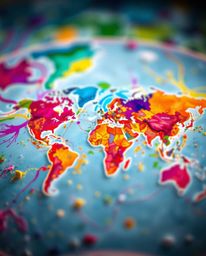 Explore a captivating macro world where a world map is brought to life through vibrant, colorful splashes. This abstract conc