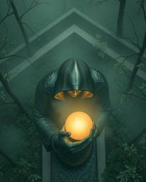 A captivating overhead shot depicts a cloaked figure within a misty forest, cradling a glowing orb.  Rendered in cast bronze 