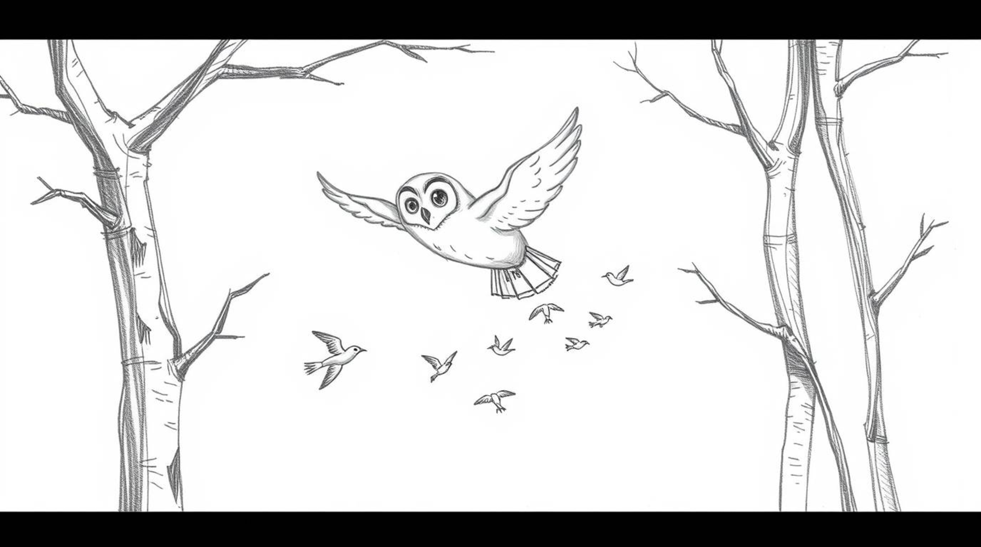 A heartwarming hand-drawn sketch in the style of Pixar depicts a blind owl gracefully gliding between trees, guiding a flock 