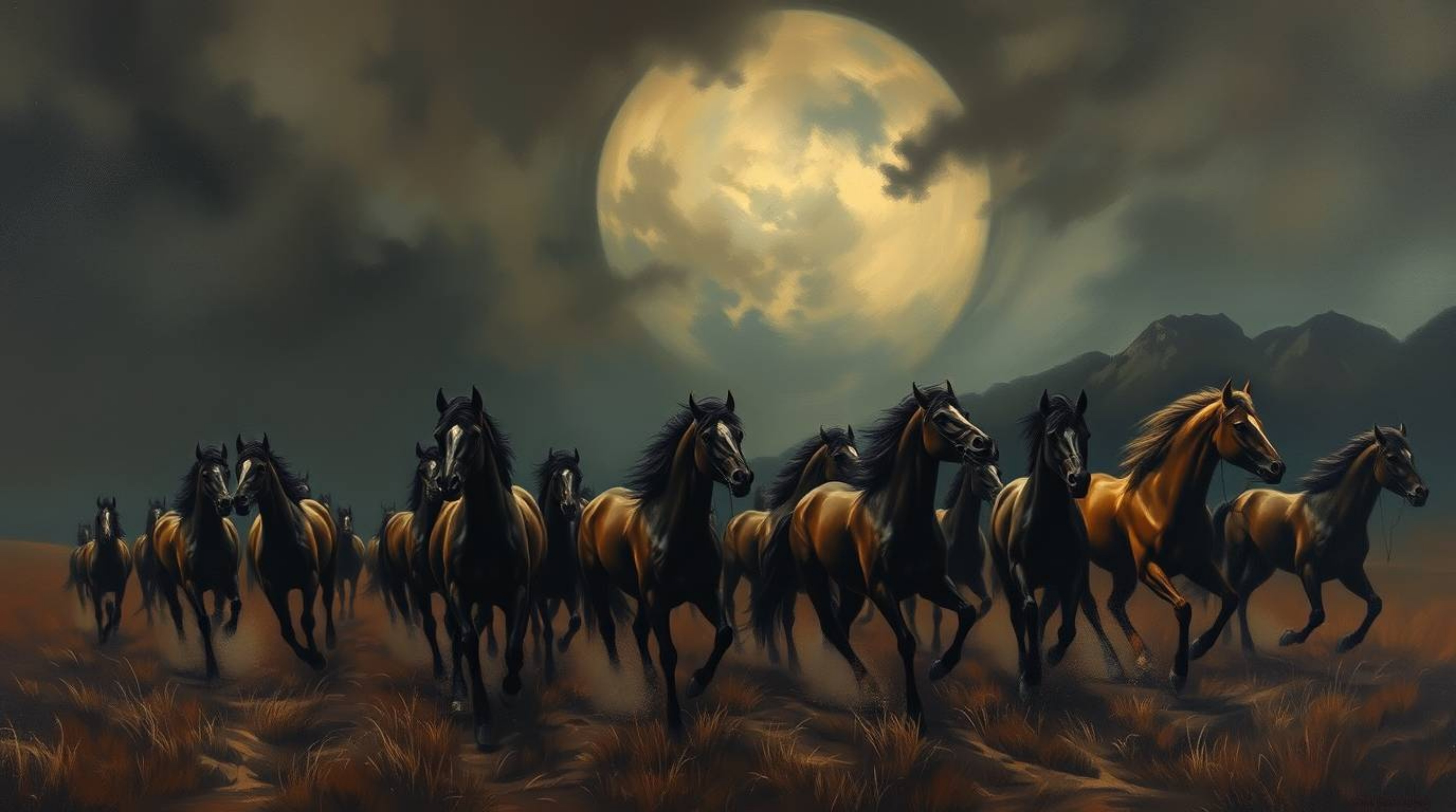 A captivating classic oil painting showcases a herd of wild horses thundering across a dimly lit landscape. The dark tones, u