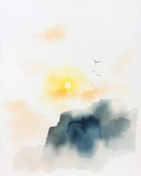 This is a delicate watercolor painting of a sunset over a coastal cliff, where soaring birds are barely visible through a lay