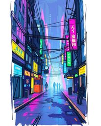 A vibrant and balanced hand-drawn sketchnote depicting a pixelated glitch image of a cyberpunk street scene.  The artwork fea