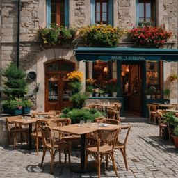Experience the charm of Europe at our cozy café. Enjoy outdoor seating amidst beautiful stone buildings adorned with vibrant 