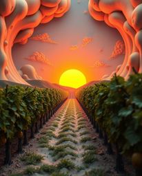 This is a modern and futuristic grand scene, depicting a sunset over a vineyard as a massive-scale piece of sculptural clay a