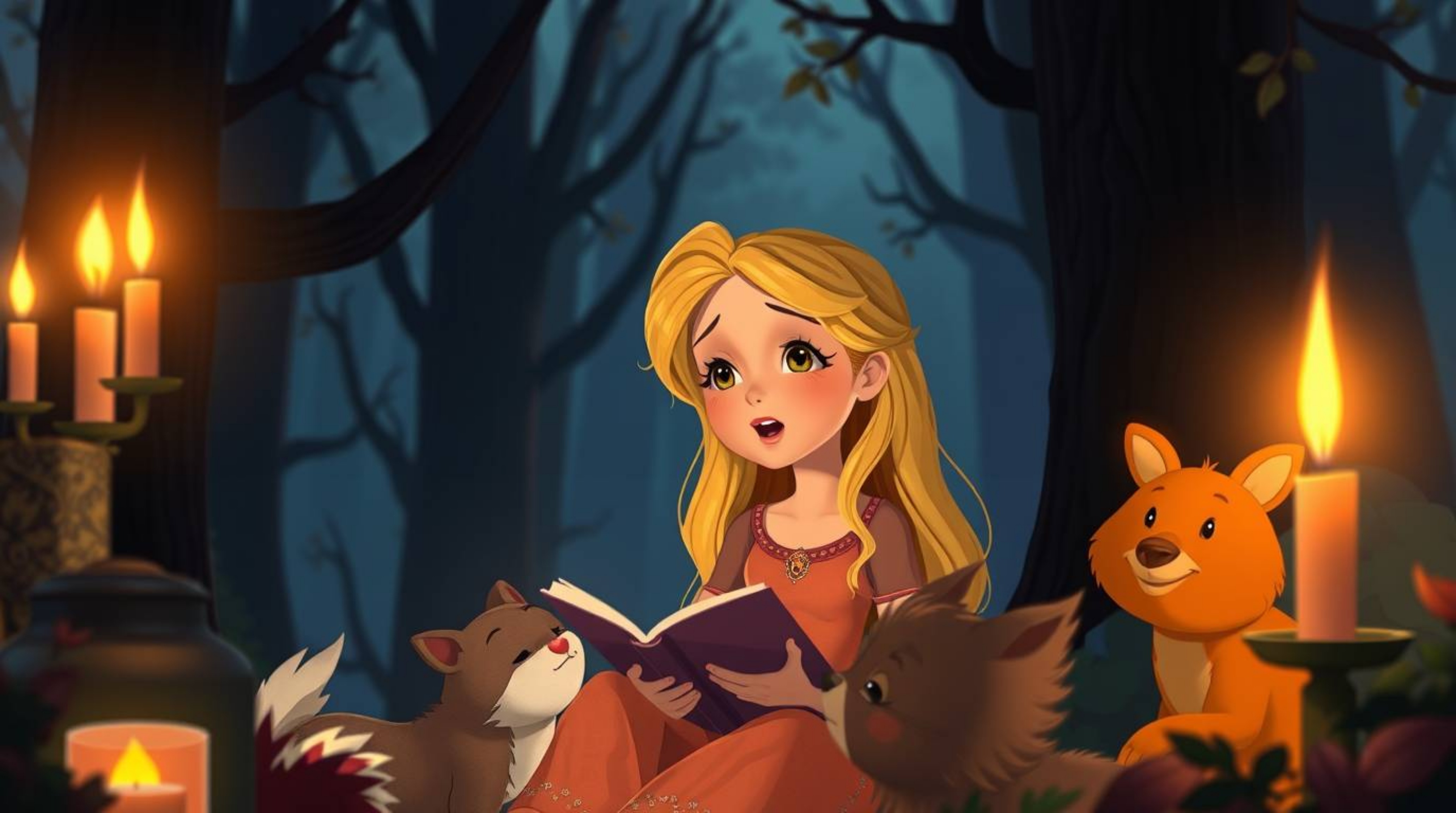 A beautiful princess with golden hair and warm skin sings with forest animals in a charming vintage 2D animation style. The
