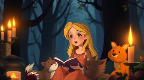 A beautiful princess with golden hair and warm skin sings with forest animals in a charming vintage 2D animation style. The