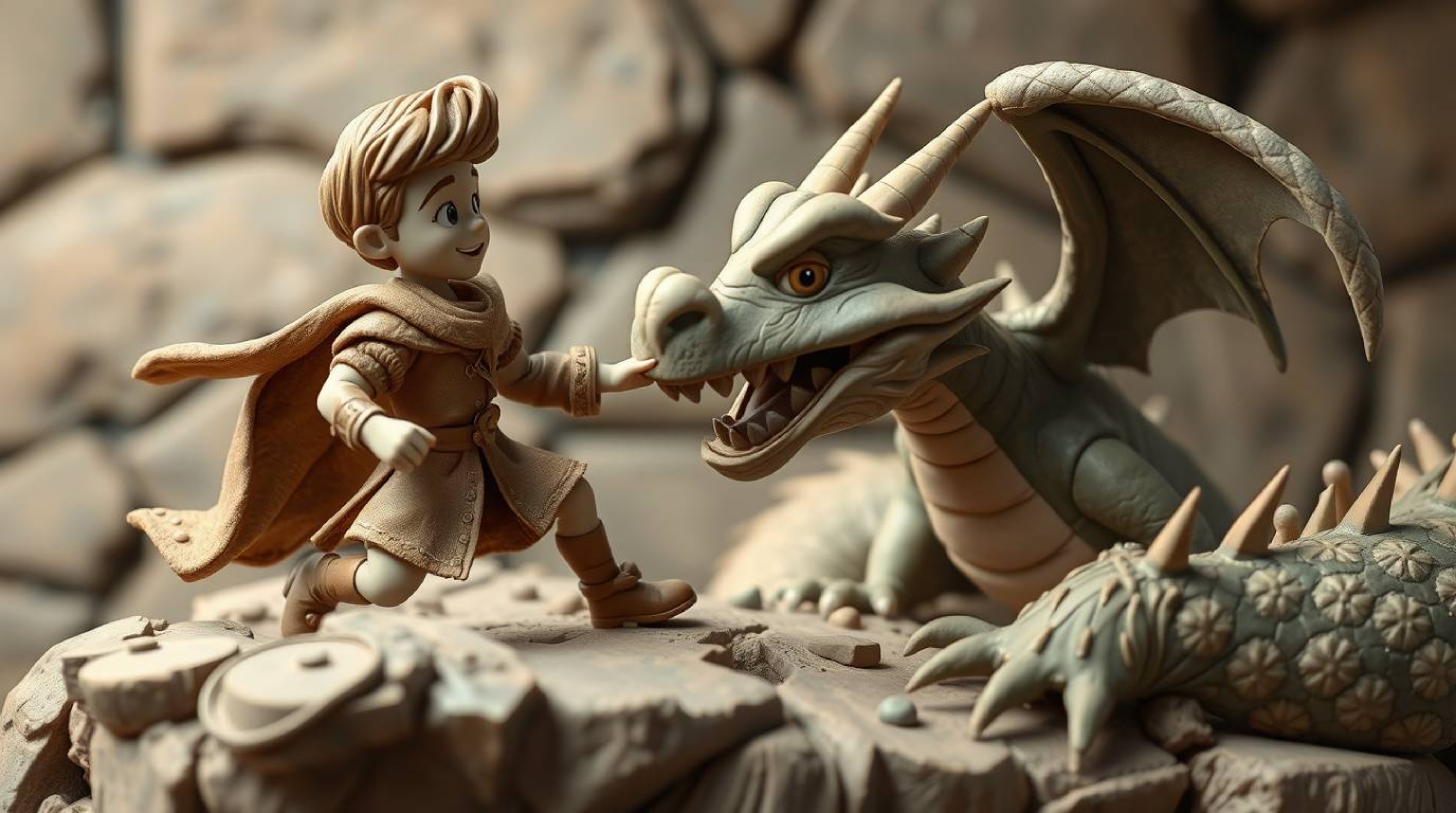 This unique clay art piece depicts a charming prince valiantly battling a dragon in a vibrant 1950s animation style. The artw