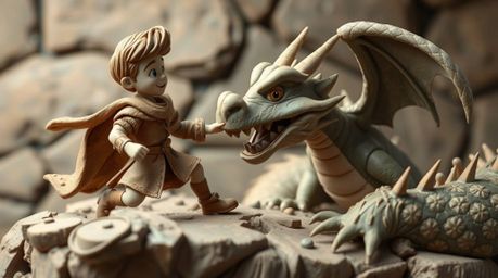 This unique clay art piece depicts a charming prince valiantly battling a dragon in a vibrant 1950s animation style. The artw