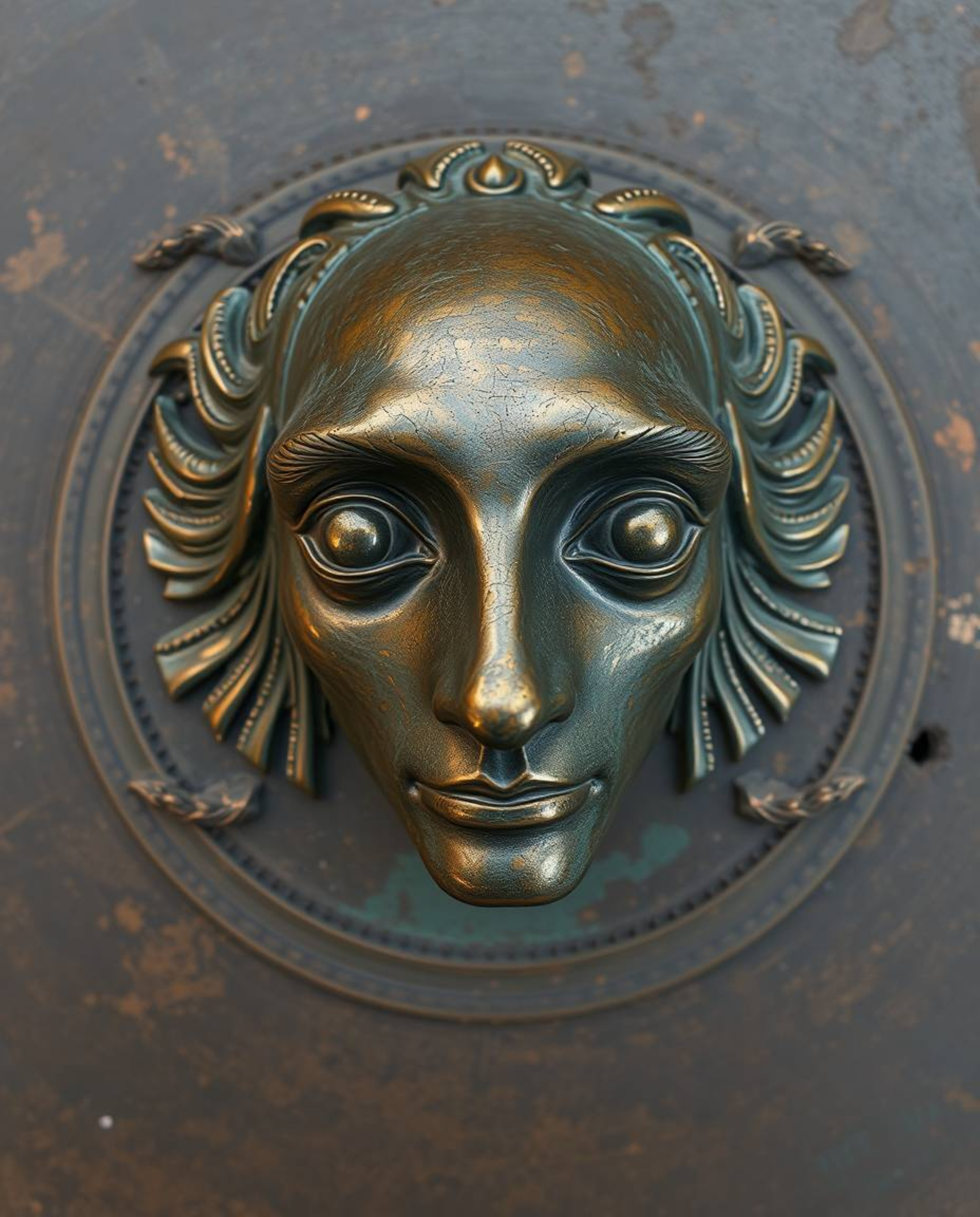 Explore the intriguing world of digital glitch art with a cast bronze surface effect. This portrait features an antique patin