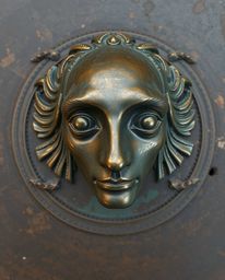 Explore the intriguing world of digital glitch art with a cast bronze surface effect. This portrait features an antique patin