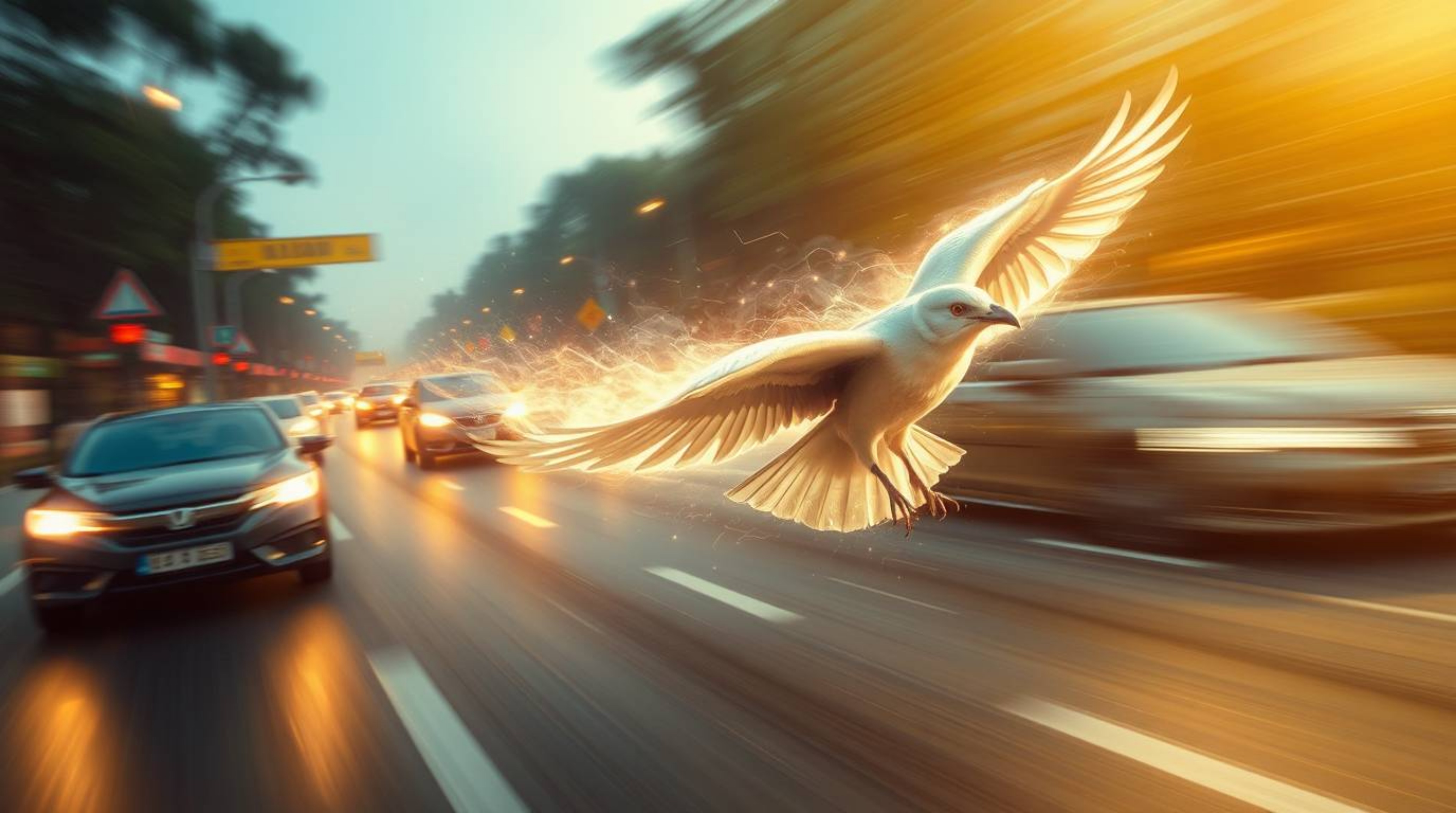 Experience the ethereal and spiritual as a fast-running bird zooms past traffic, emitting a vibrant light aura that conveys a