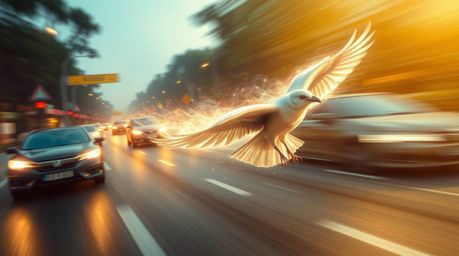 Experience the ethereal and spiritual as a fast-running bird zooms past traffic, emitting a vibrant light aura that conveys a