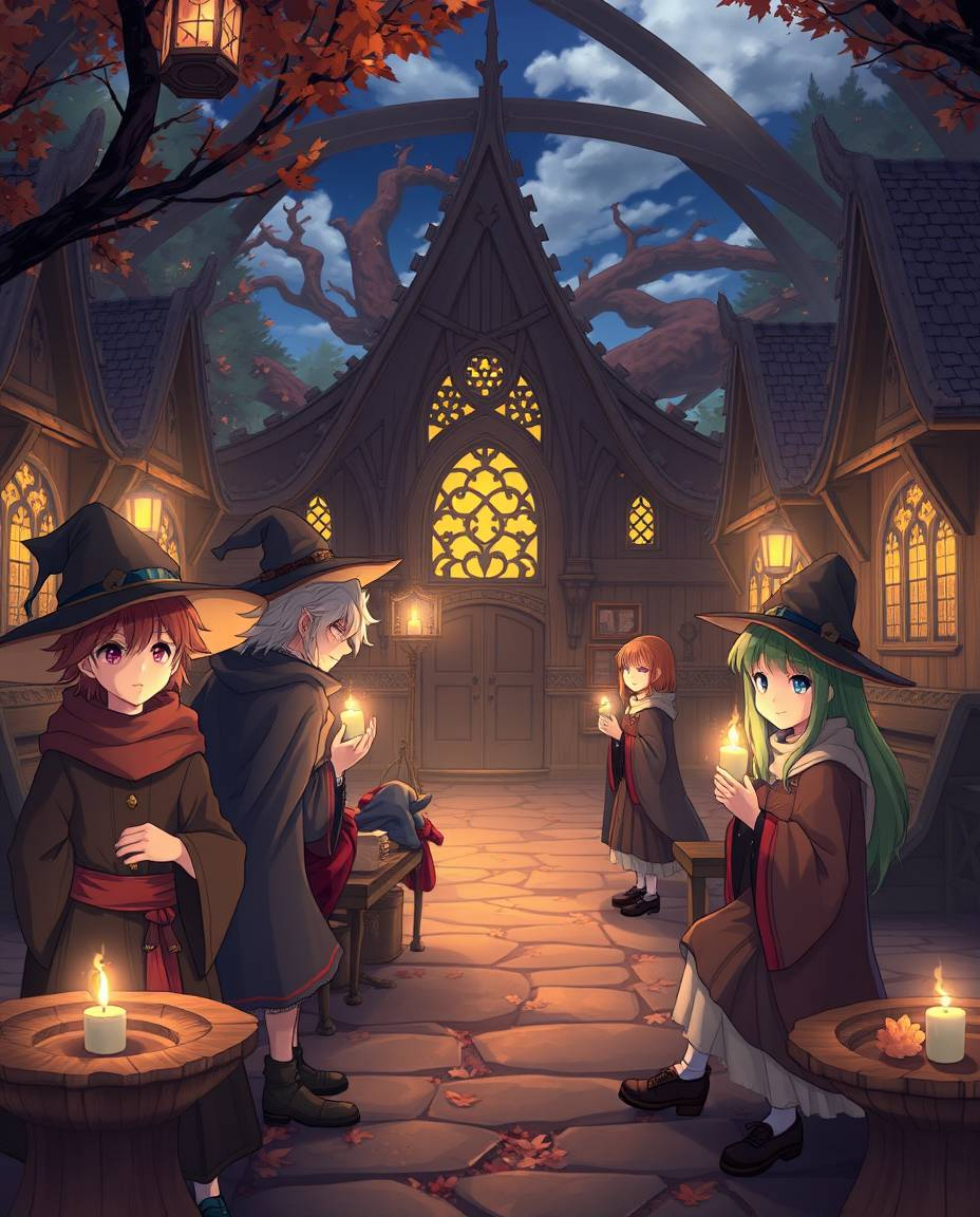 Step into a warm and inviting magical school filled with young wizards, brought to life in the style of a cozy, autumnal Isek