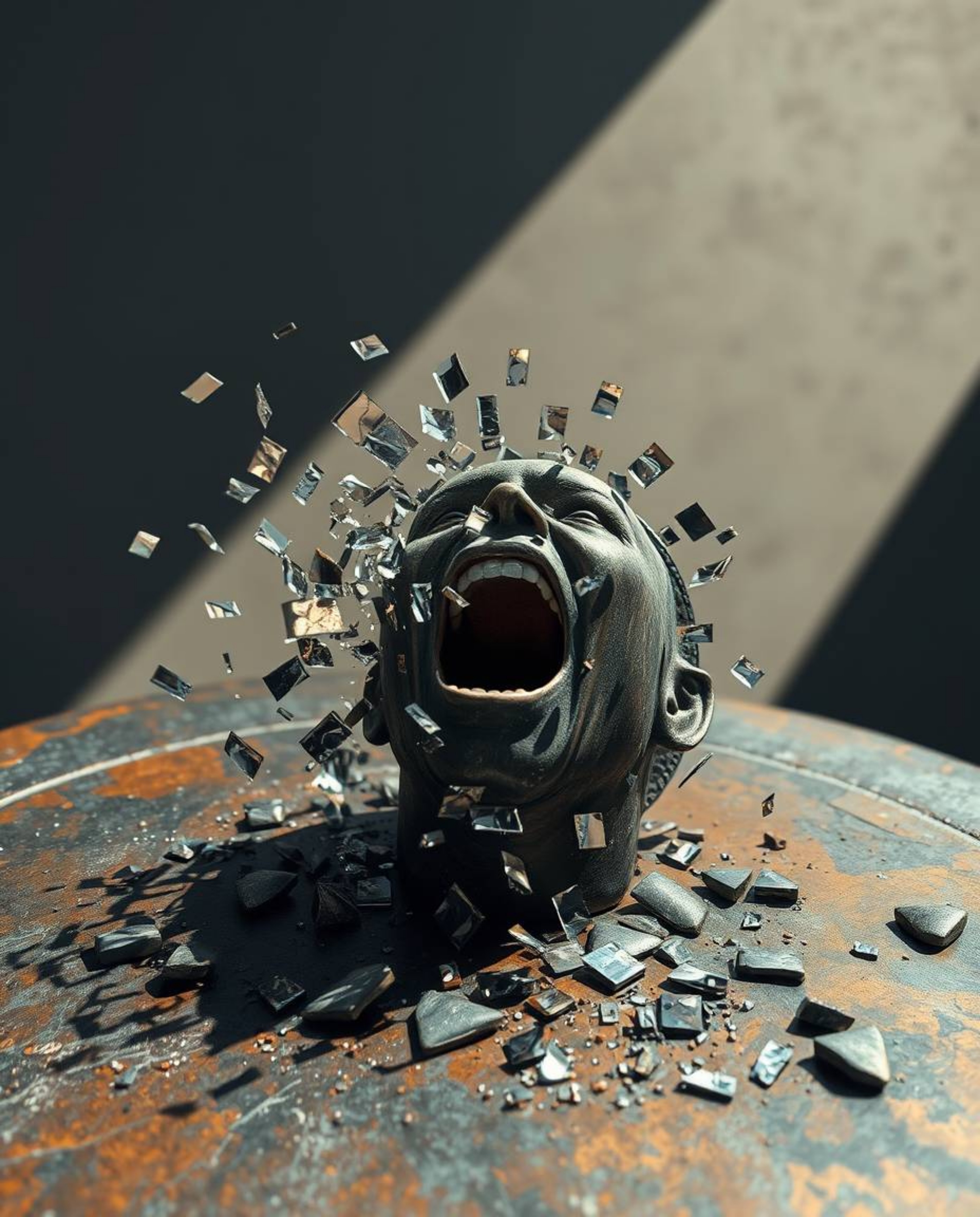 A captivating image depicting a person screaming as their world disintegrates into a pixelated mess on a bronze surface with 