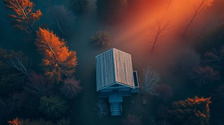 An enchanting overhead shot captures an old wooden cabin nestled within a sunset woods.  The image showcases a smooth, dreamy