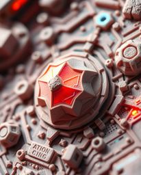 This extreme macro close-up showcases a sculptural clay art piece depicting a futuristic digital interface. The artwork is co