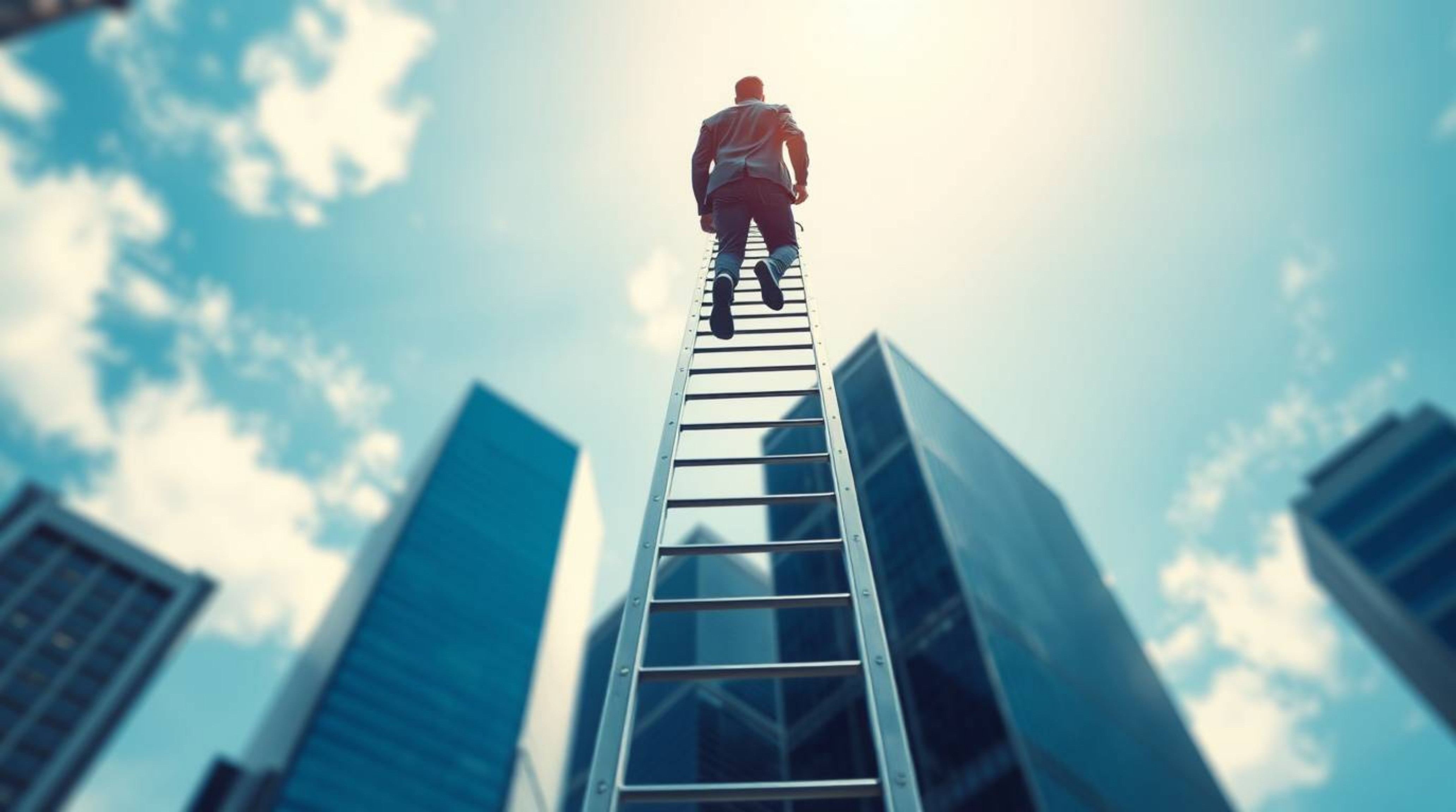 A captivating high-contrast image depicts a businessperson ascending a transparent ladder that disappears into a vibrant blue