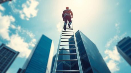 A captivating high-contrast image depicts a businessperson ascending a transparent ladder that disappears into a vibrant blue