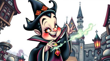 Discover an adorable, charming classic Disney villain with cute features, casting a spell in an old castle. This vibrant, ret