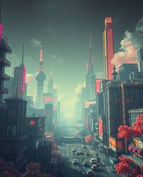 Dive into a surreal infrared-toned image of a futuristic cyberpunk cityscape.  Experience vibrant splashes of colorful neon, 