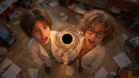 A vibrant, cinematic photograph, reminiscent of Pixar's whimsical and imaginative aesthetic, shows two young scientists—a boy